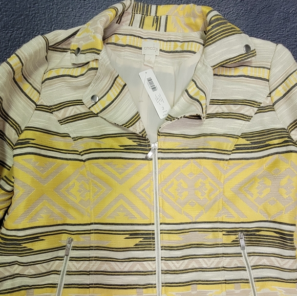 Chicos Size 2 (large 12) Aztec Jacquard Moto Jacket Yellow & Beige New $139. - Picture 6 of 11